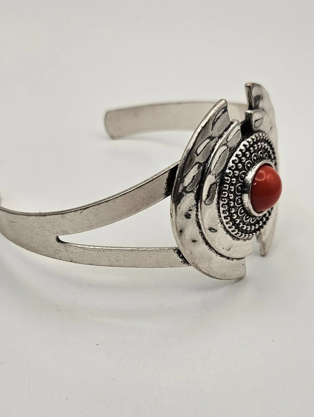 Cuff Bracelet Red Stone Silver Tone Hammered Statement